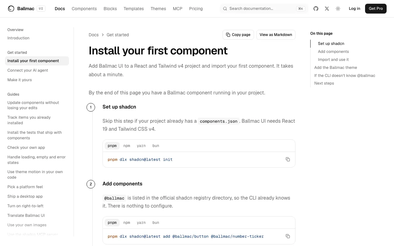 The install guide, showing the shadcn add command for Ballmac UI in four package managers.