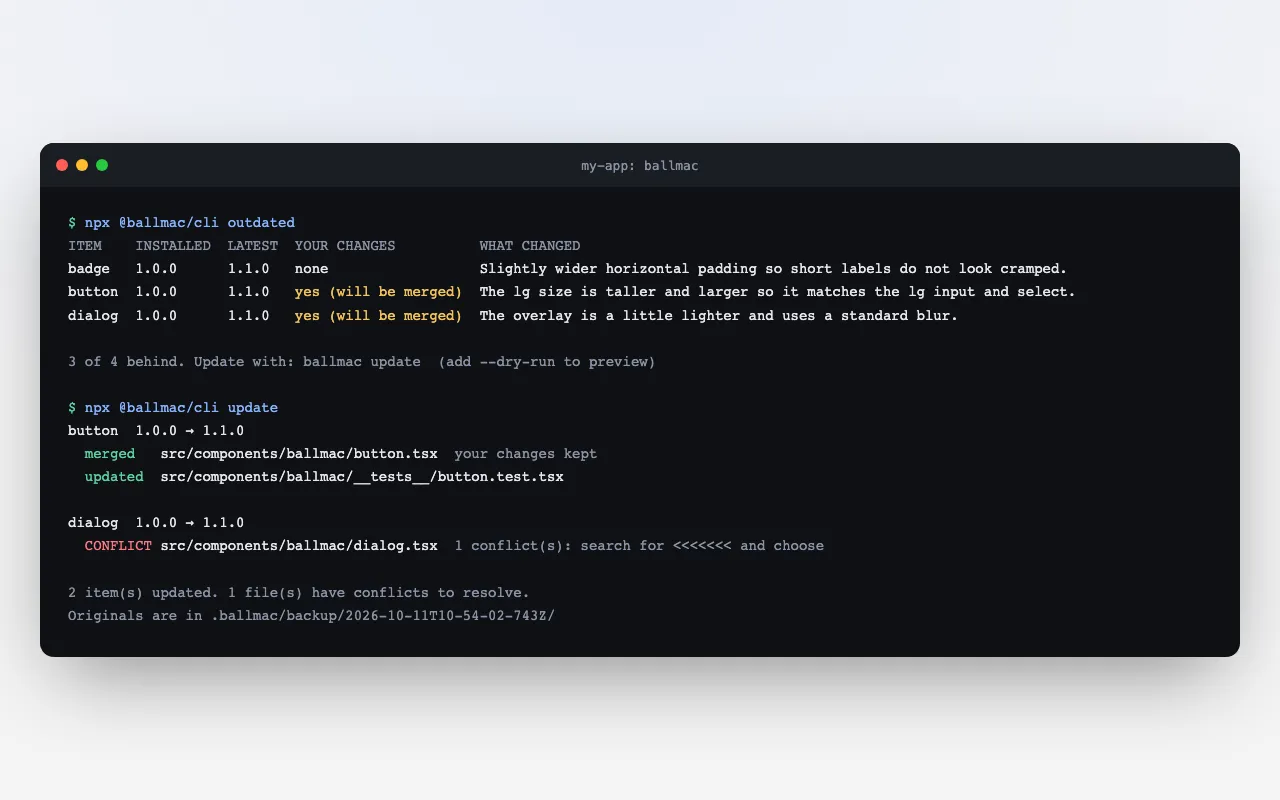 A terminal running ballmac outdated, which lists three items behind with a note on what changed, then ballmac update, which merges your edits and flags one conflict.