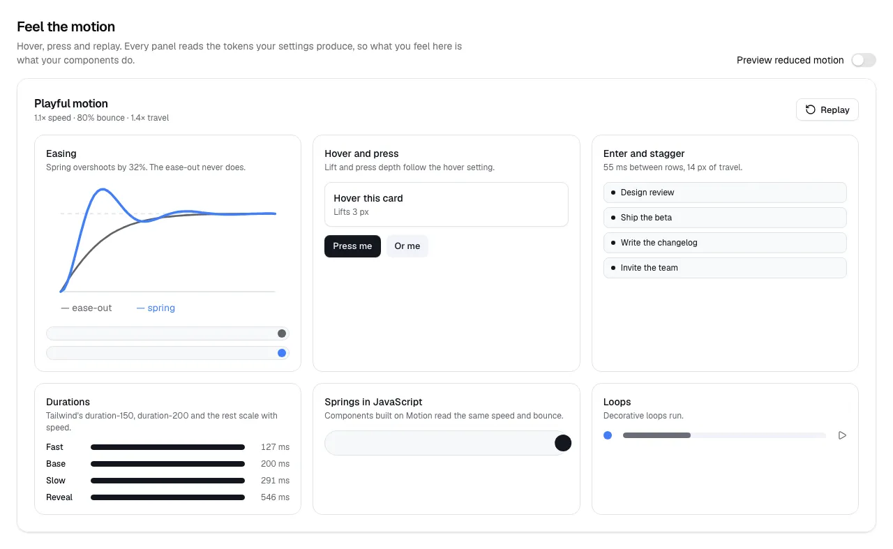 The theme builder with a Motion group and the motion lab.