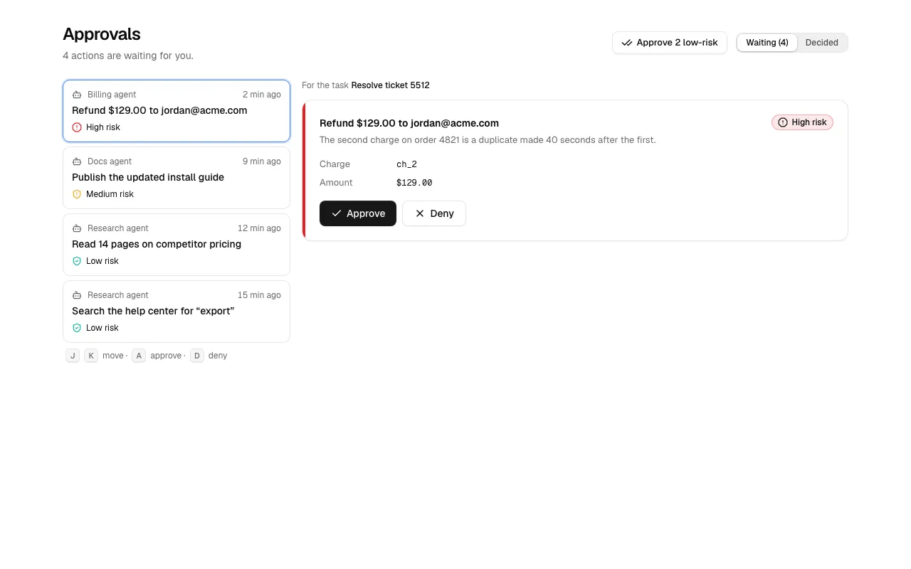 The Agent 2 block, an approvals inbox with a risk label on each request.