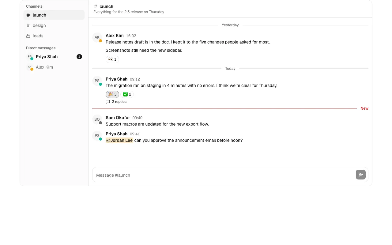 The Chat 1 block, team chat with channels, direct messages and a thread panel.