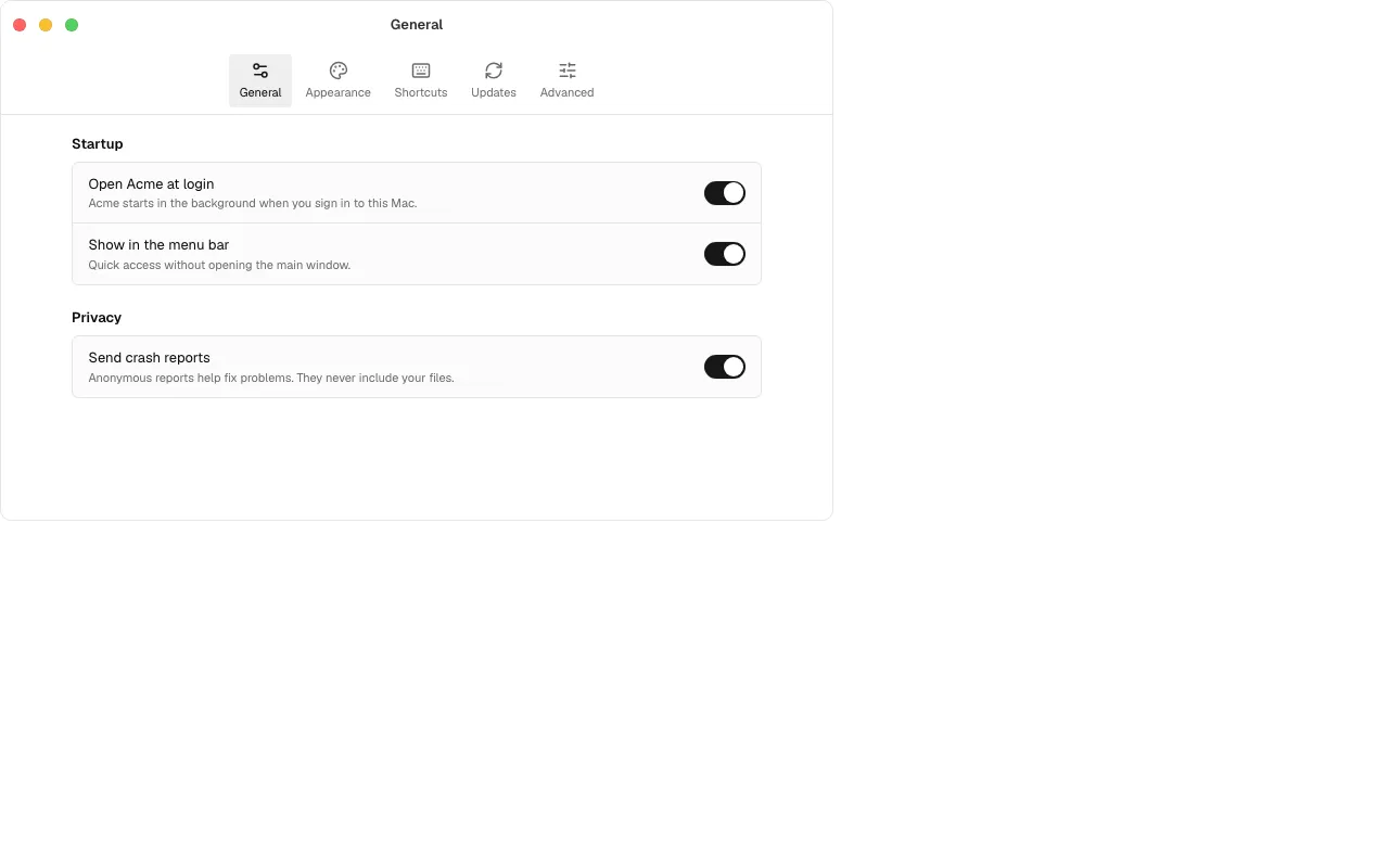 The Desktop 1 block, a preferences window with toolbar tabs and settings that apply as they change.
