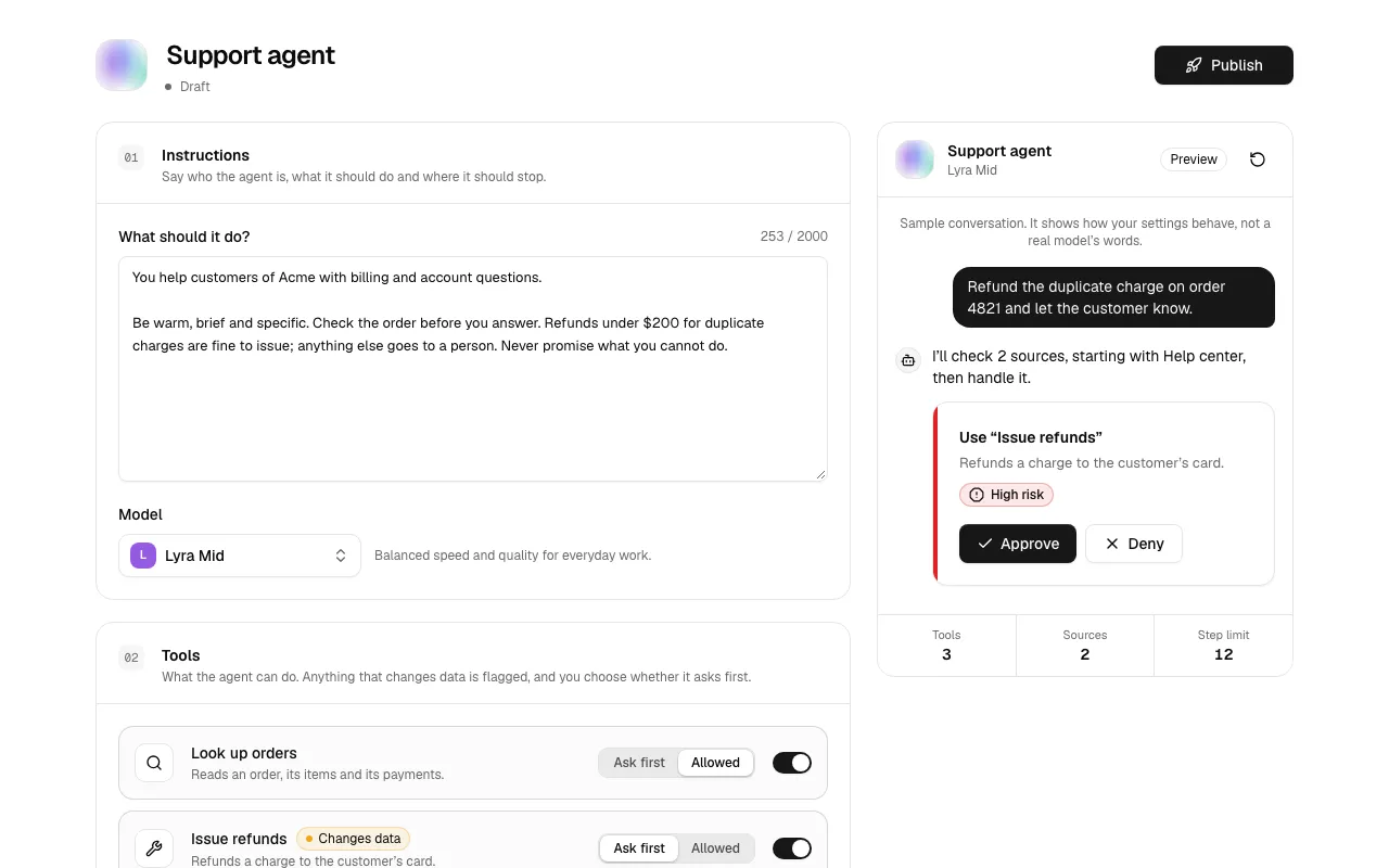 The Agent 7 block, an agent builder with a tool permission list and a live preview.