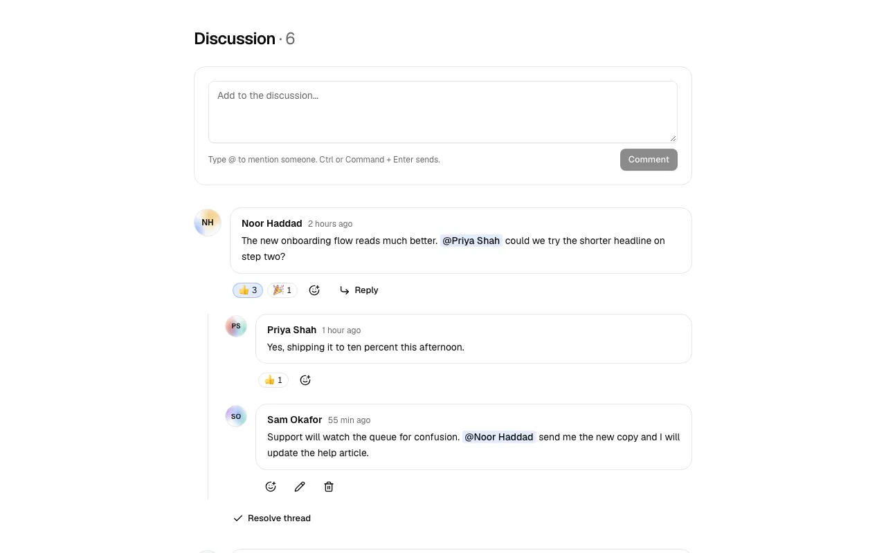 The Comments 1 block, a threaded discussion with a composer, replies and emoji reactions.