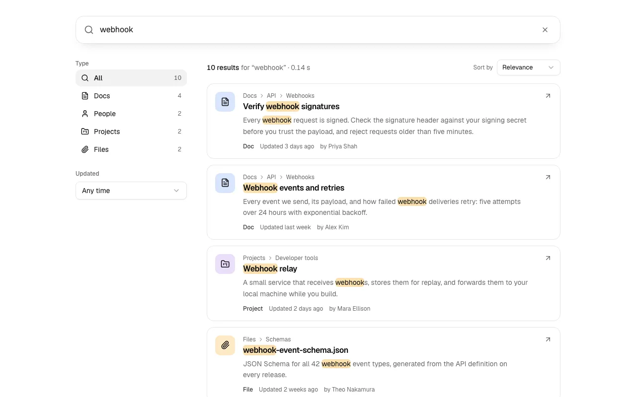 The Search 1 block, a results page with a large search box and filters with live counts.
