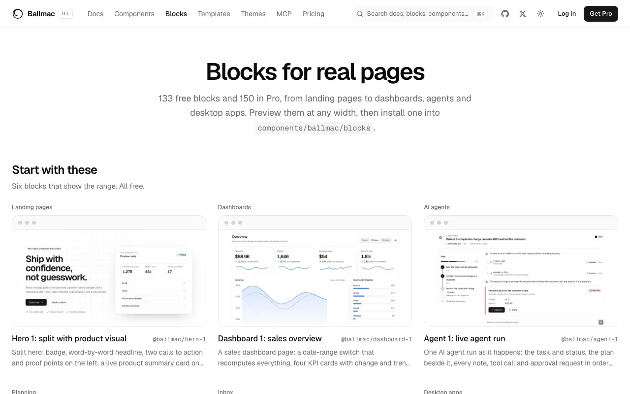 The blocks gallery, opening on six featured blocks: a landing page, a dashboard, an AI agent, a project timeline, an inbox and a desktop preferences window.
