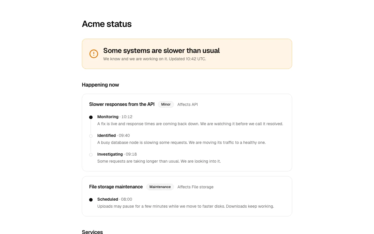 The Status 1 block, a system status page with a banner and 90-day history bars for each service.