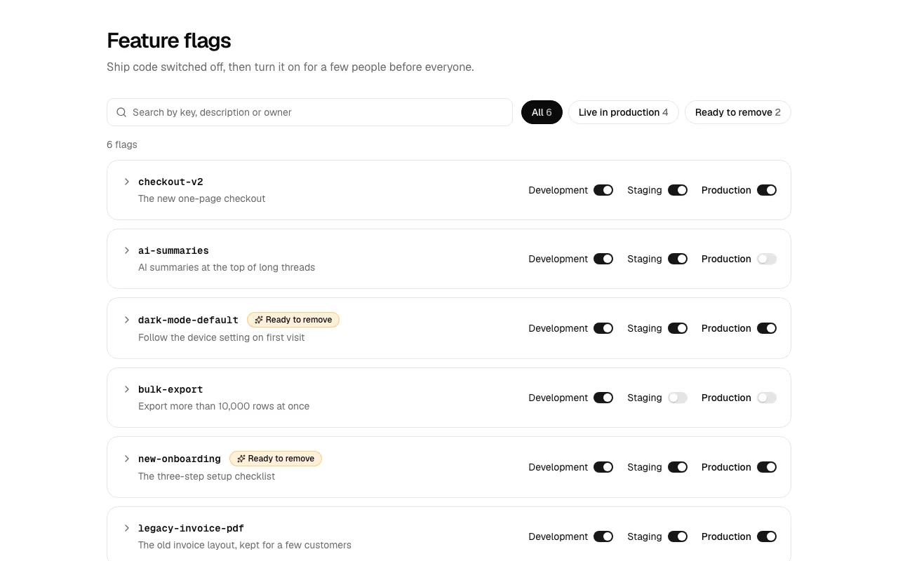 The Flags 1 block, a feature flags manager with a switch for each environment.