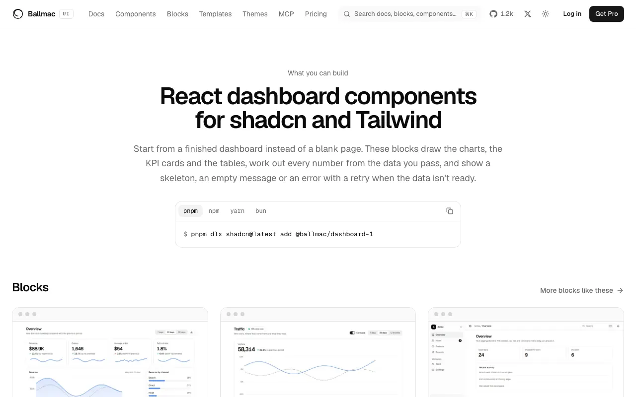 The dashboard use-case page, with an install command and six dashboard blocks.