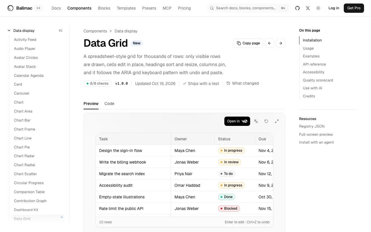 The data grid component page, with an editable table of sprint tasks.