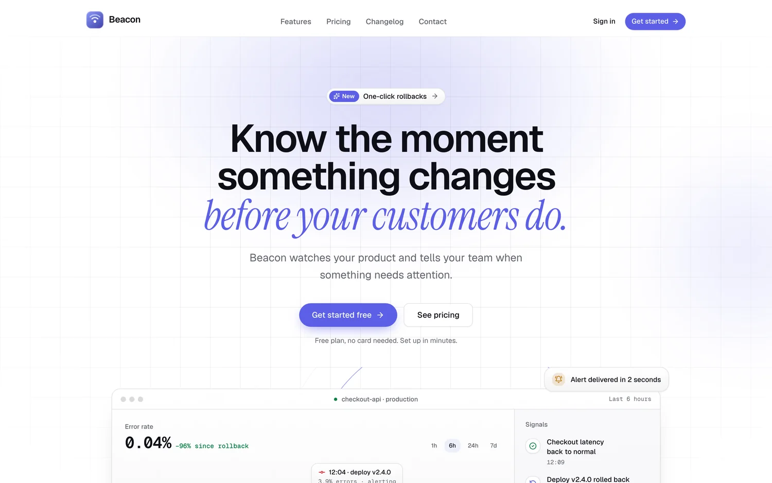 Beacon SaaS, the first Pro starter app, showing its landing page.