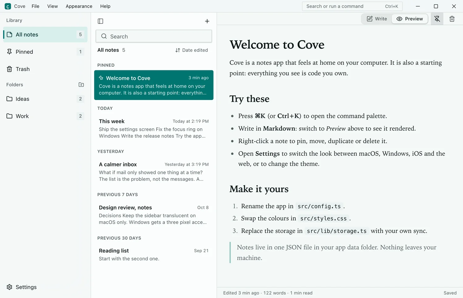 Cove showing the Windows feel, with caption buttons on the right and square corners.