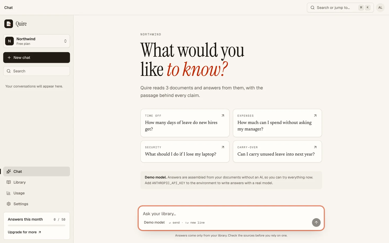 Quire, an AI chat that answers with numbered citations next to a document library.
