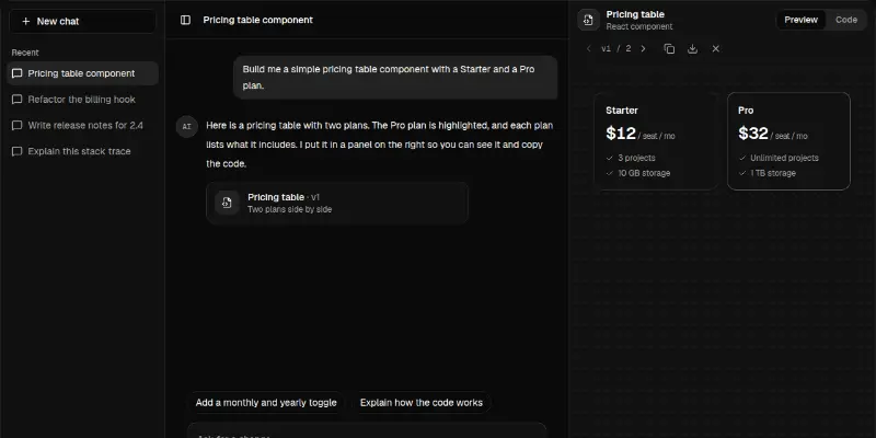 AI Chat 2: conversation with artifact panel preview