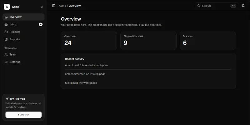 App Shell 1: collapsible sidebar with command menu preview