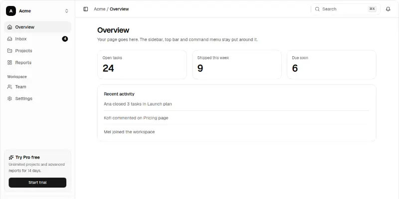 App Shell 1: collapsible sidebar with command menu preview
