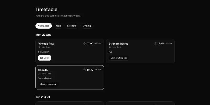 Booking 1: class timetable preview