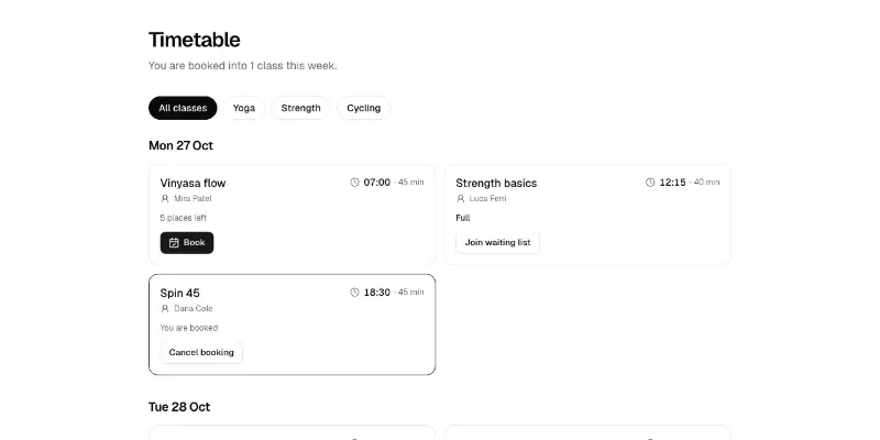 Booking 1: class timetable preview