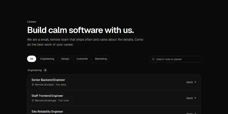Careers 1: open roles with filters and perks preview