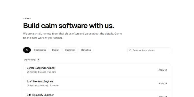 Careers 1: open roles with filters and perks preview