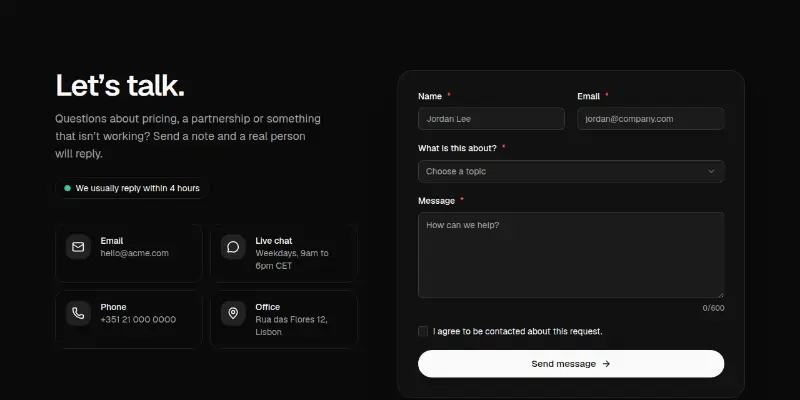 Contact 1: form with contact methods preview