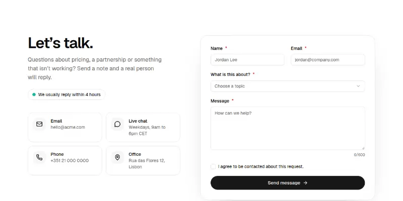 Contact 1: form with contact methods preview