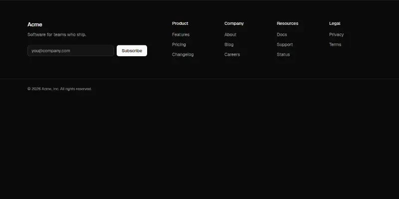Footer 1: columns with newsletter preview