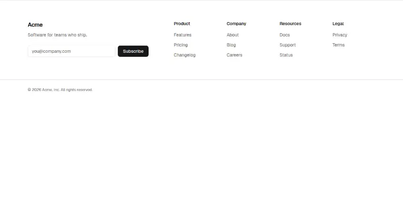 Footer 1: columns with newsletter preview