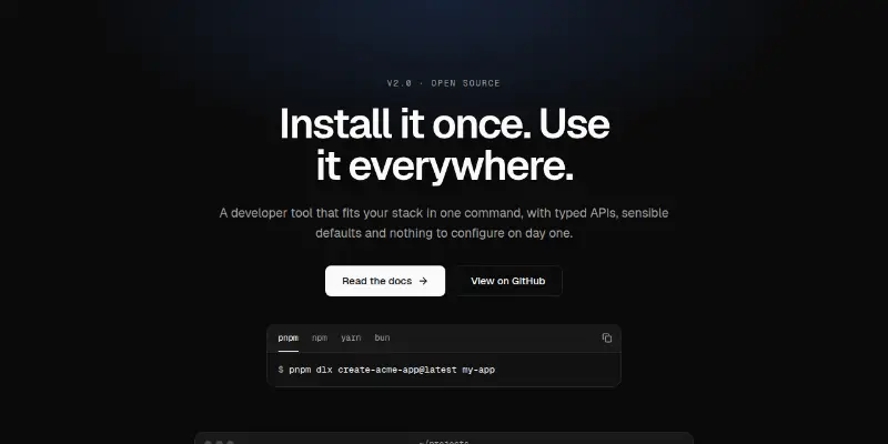 Hero 2: developer tool with install command preview