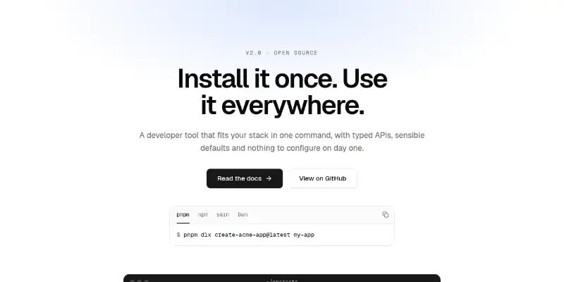 Hero 2: developer tool with install command preview