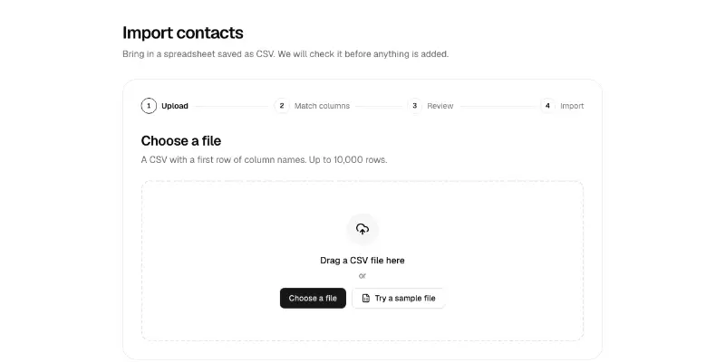 Import 1: CSV import with column matching preview