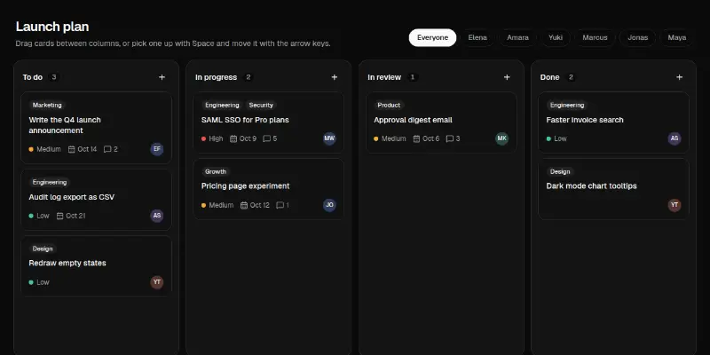 Kanban 1: project board with drag and keyboard moves preview