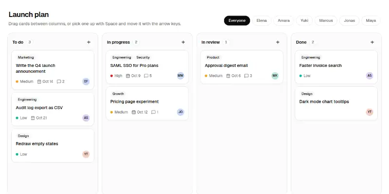 Kanban 1: project board with drag and keyboard moves preview