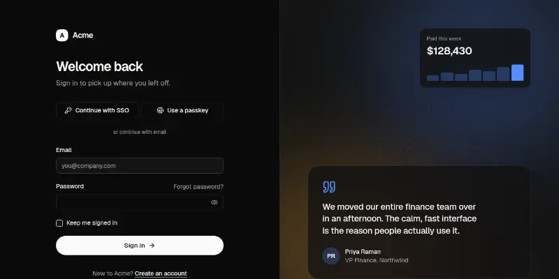 Login 2: split screen with testimonial preview