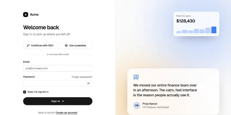 Login 2: split screen with testimonial preview