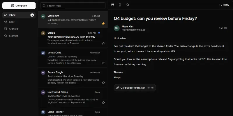 Mail 1: three-pane inbox preview