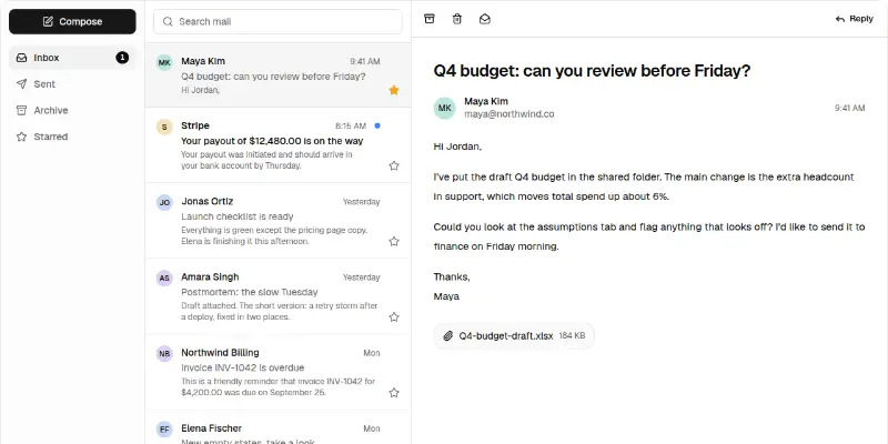Mail 1: three-pane inbox preview