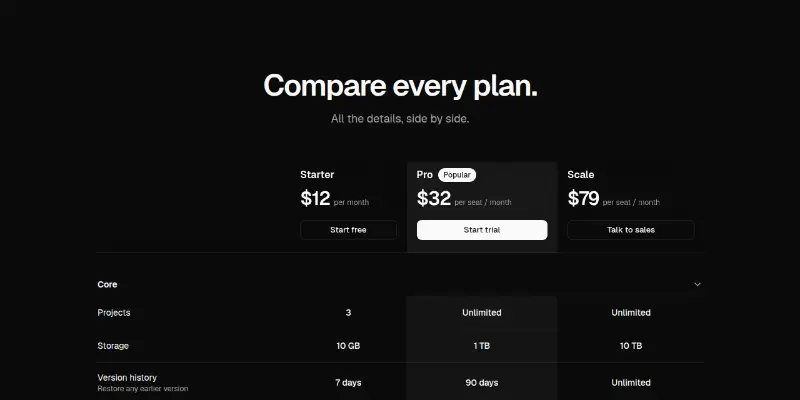 Pricing 3: full plan comparison preview