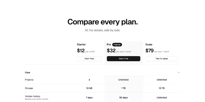 Pricing 3: full plan comparison preview