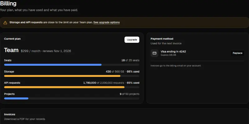 Billing Pro 1: plan, usage meters and invoices preview