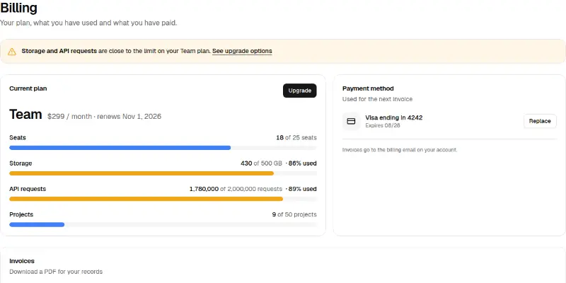 Billing Pro 1: plan, usage meters and invoices preview