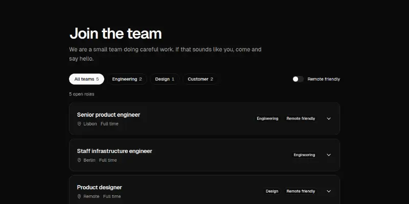Careers Pro 1: open roles with filters preview