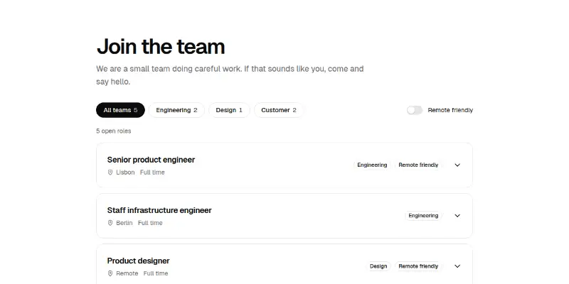 Careers Pro 1: open roles with filters preview