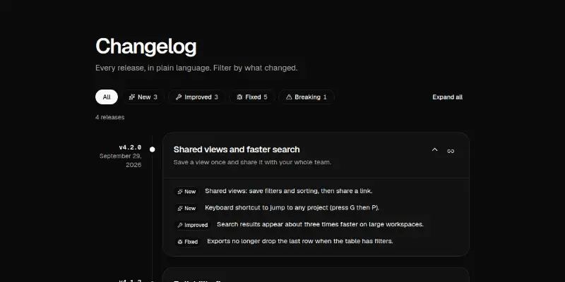 Changelog Pro 1: release timeline with filters preview