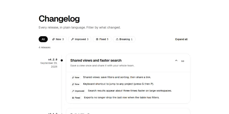 Changelog Pro 1: release timeline with filters preview