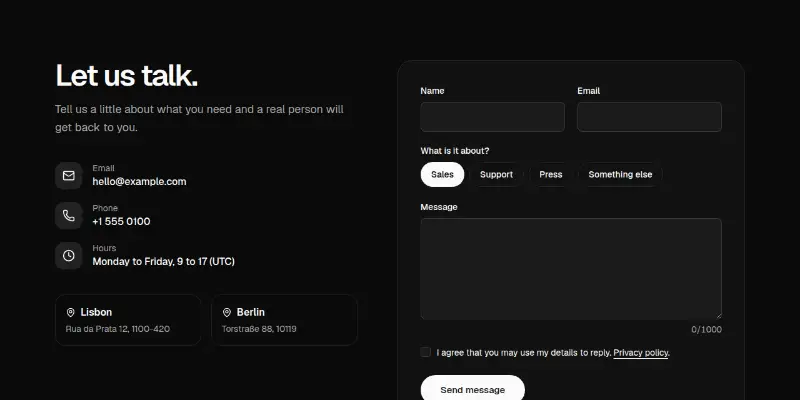 Contact Pro 1: contact form with details preview