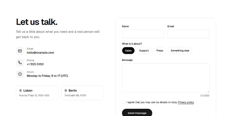 Contact Pro 1: contact form with details preview