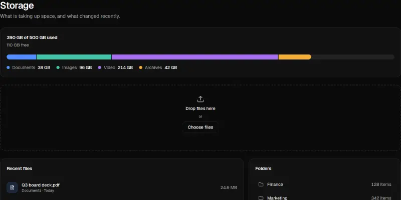 Dashboard Pro 14: storage and uploads preview