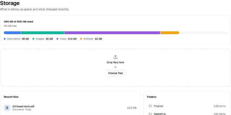 Dashboard Pro 14: storage and uploads preview