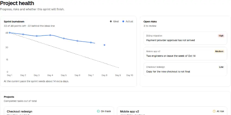 Dashboard Pro 8: project health and burndown preview